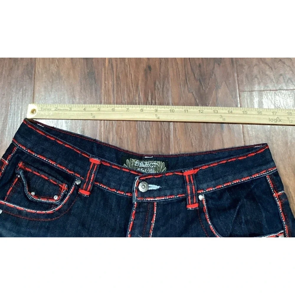 Direct Blue Denim Jean  Shorts 36 Y2K Baggy Embroidered Pockets With Rhinestones